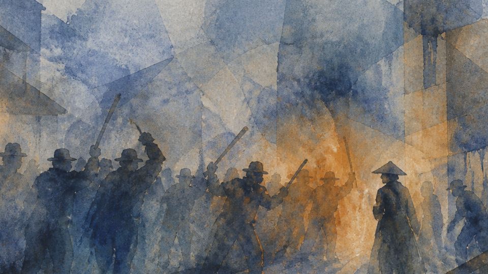 A dramatic scene of protestors with torches in watercolor hues of blue and orange.