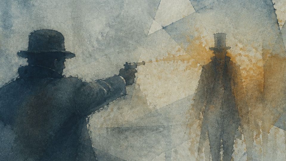 A shadowy figure points a gun at another in a watercolor scene with blues and warm orange tones.