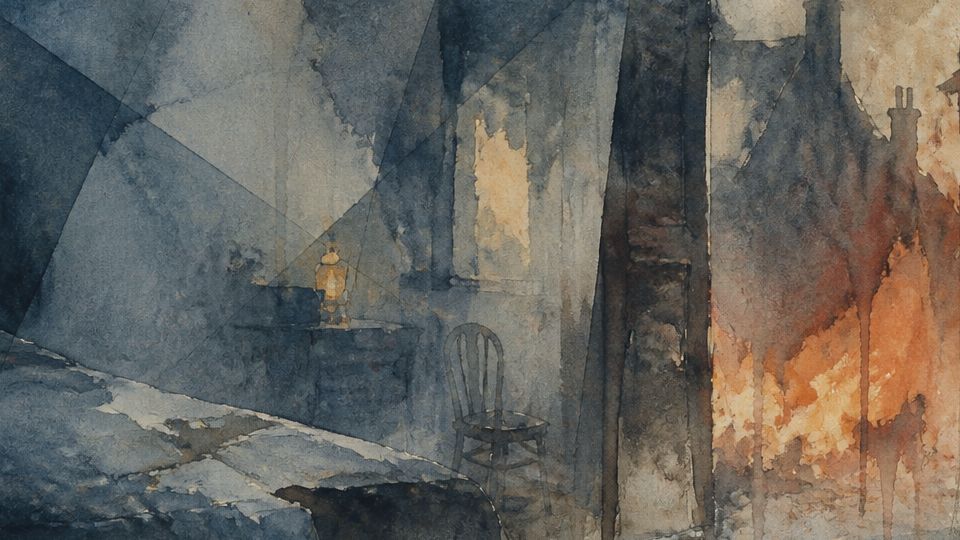 A dimly lit room features a bed and a chair, with smoke and orange flames in watercolor.