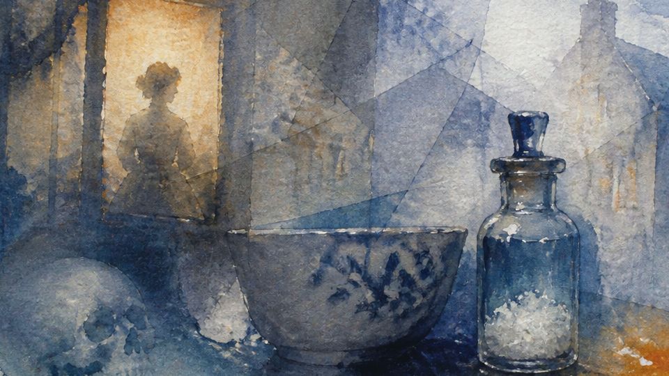 A silhouette of a woman appears near a bowl and a glass vial in blue and orange watercolor.