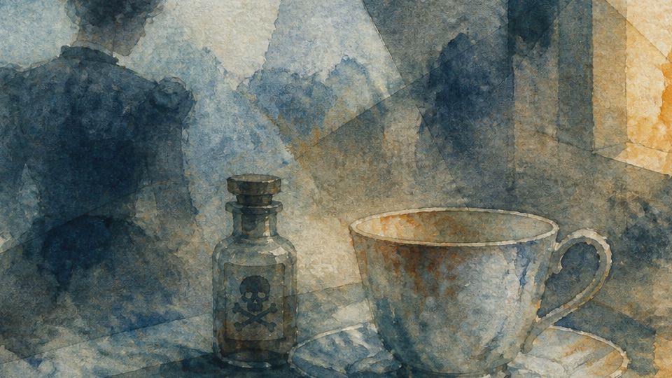 A mysterious figure stands beside a cup and a poison bottle, rendered in dark blues and warm browns.