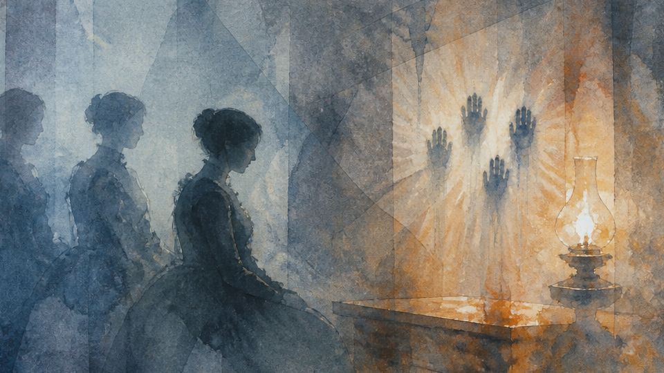 Three women sit in dim light, gazing at a ghostly lantern glow in warm watercolor tones.