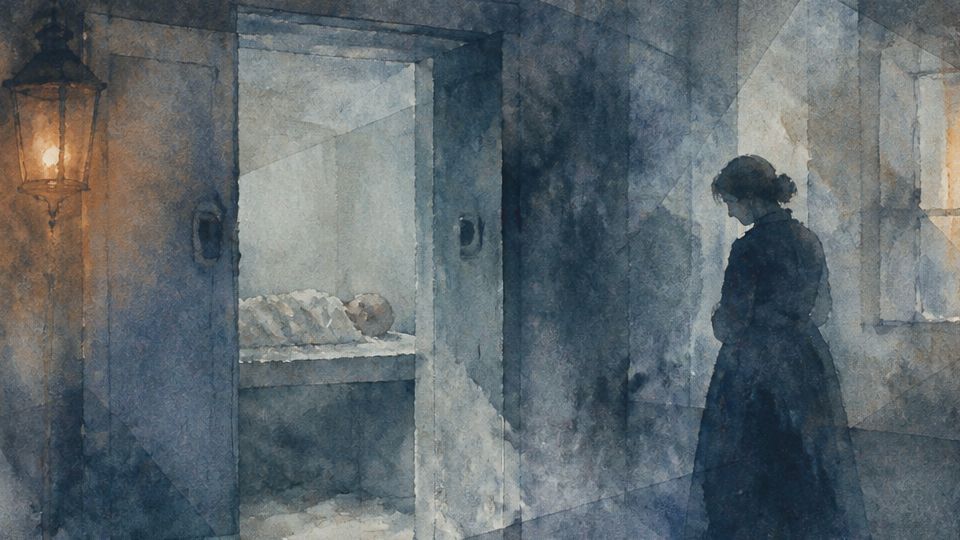 A woman stands sorrowfully near a door with a lantern, featuring dark blues and soft watercolors.