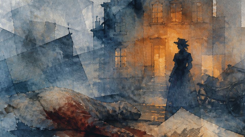 A woman stands near a bloodied scene in watercolor, featuring dark blues and warm oranges.