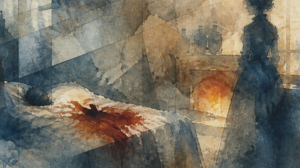A woman stands over a bed with a dark red stain, painted in soft watercolors of blues and browns.