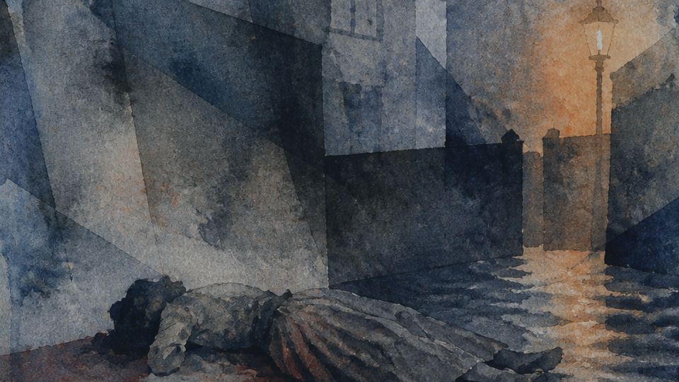 A figure lies on the ground in a dimly lit alley, depicted in blue and brown watercolor.