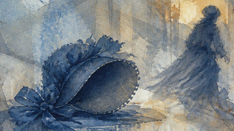 A woman in a long dress walks away, leaving behind a blue hat in watercolor hues.