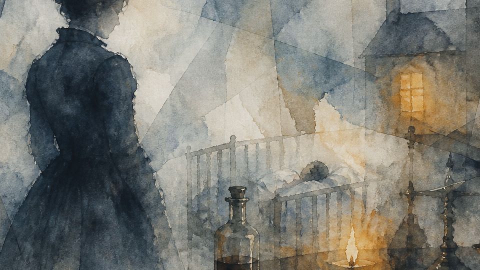 A shadowy figure stands by a table with a bottle and candle in a watercolor scene of blues and.