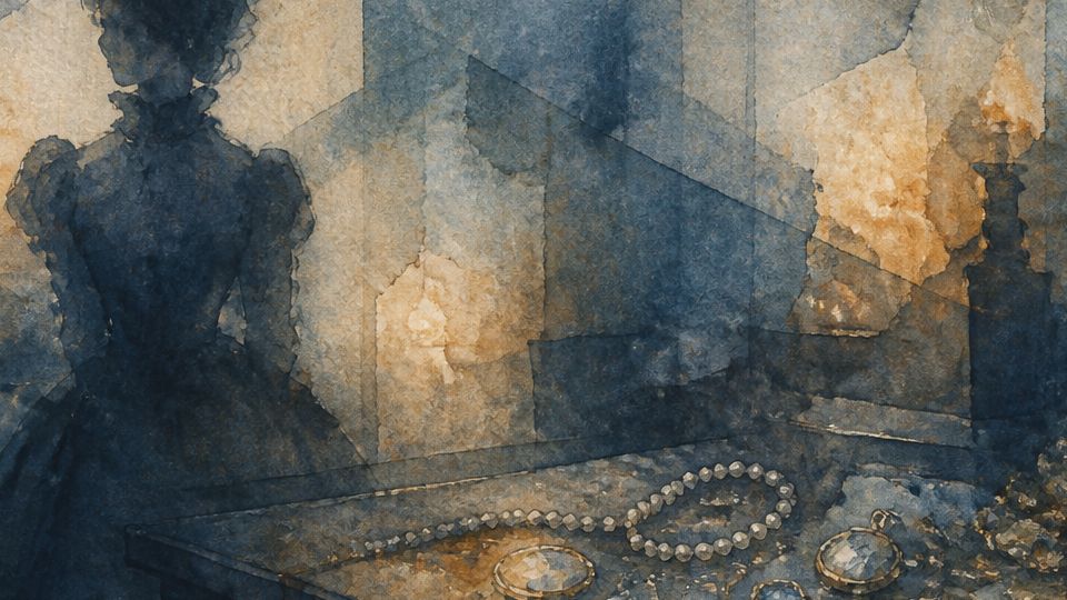 A woman in silhouette stands by a table with gems, painted in deep blues and warm browns.