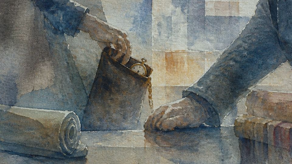 Two hands are seen exchanging a pocket watch, with soft blues and browns in watercolor.