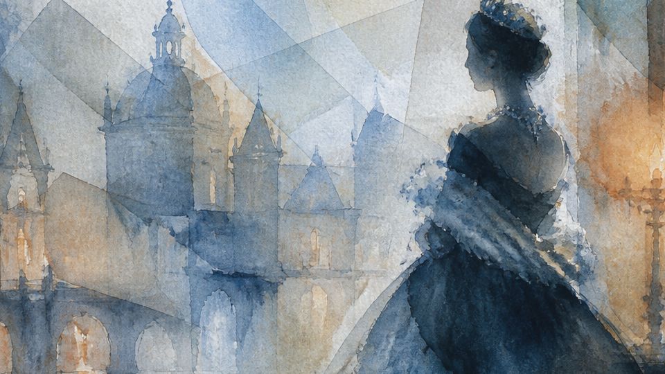 A woman in a dark gown gazes at distant architecture, surrounded by soft blues and warm amber.