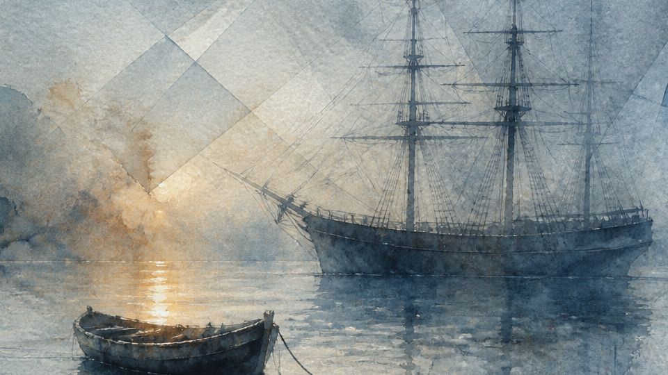 A small boat drifts near a large ship in a tranquil bay, captured in soft blues and grays.