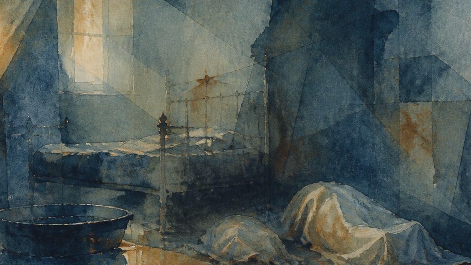 A dimly lit room features a bed and two covered bodies, rendered in indigo watercolor tones.