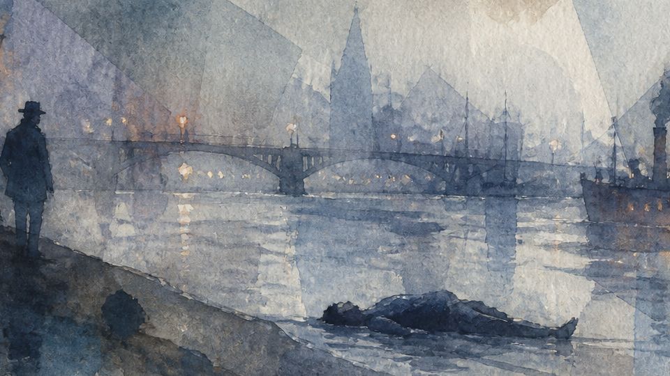Two figures stand by a river at dusk, with a body floating among blues and grays in watercolor.