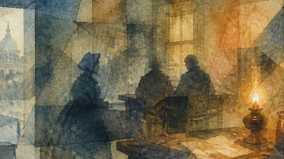 Figures gather around a table under warm amber and cool blue watercolor tones. In dark blue with.