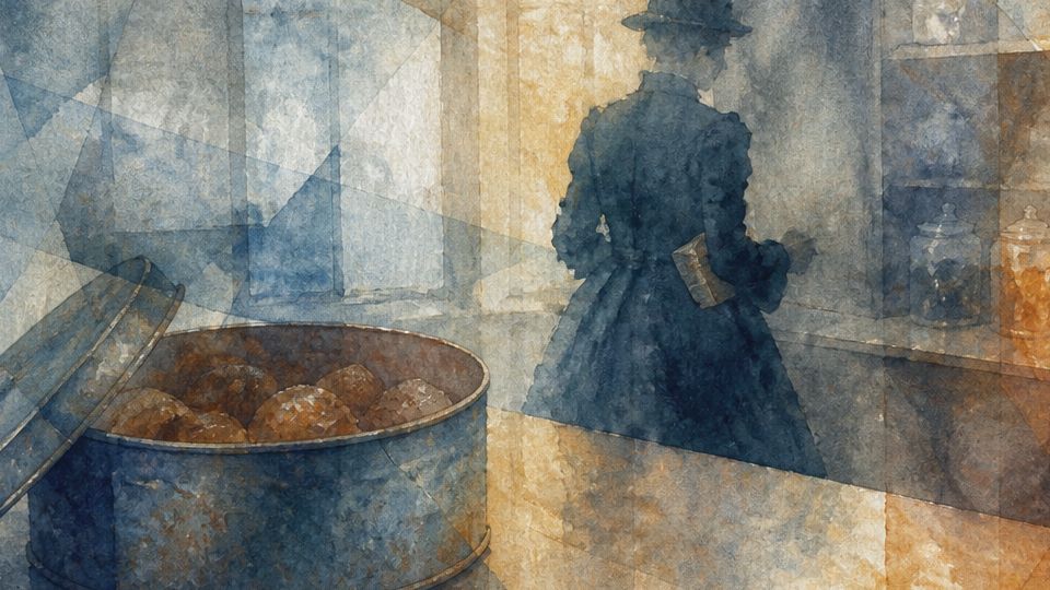 A woman in a dark coat stands near a tin of sweets, depicted in soft blue and warm orange.
