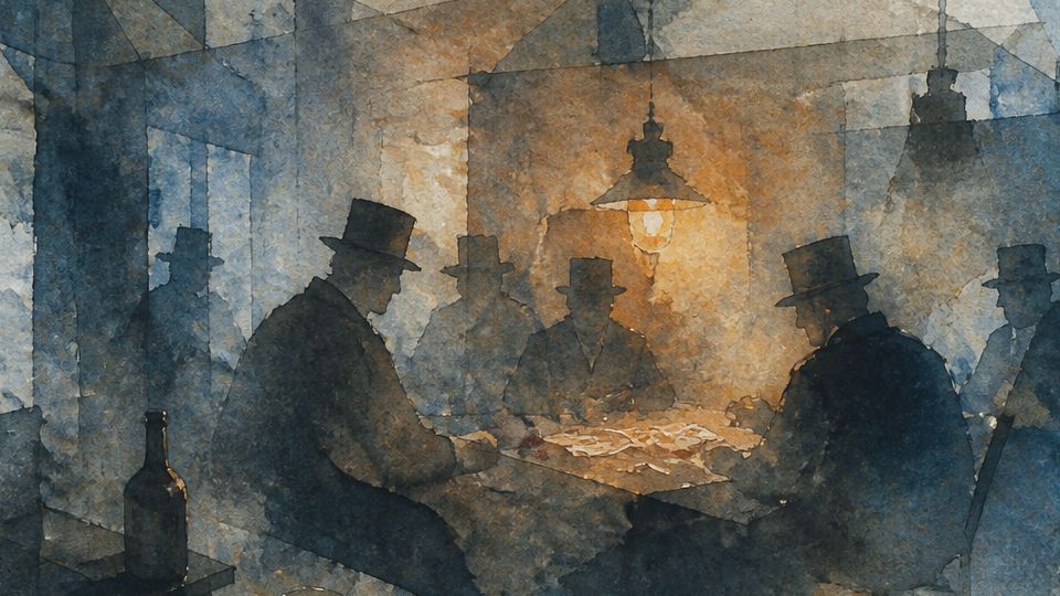 A group of men plays cards in a dimly lit room, painted in blues and warm browns with watercolor.