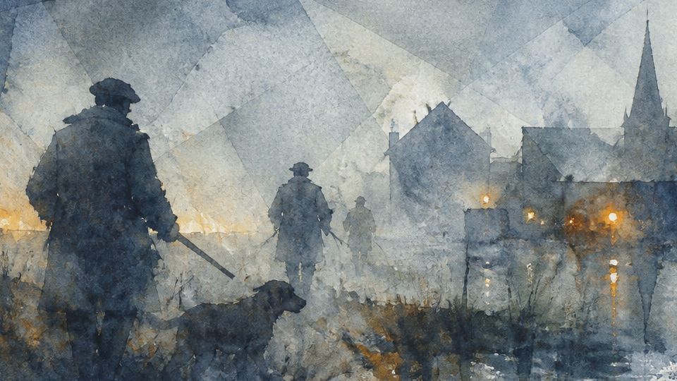 Silhouetted figures walk with a dog in a foggy landscape, painted in dark blues and warm yellows.