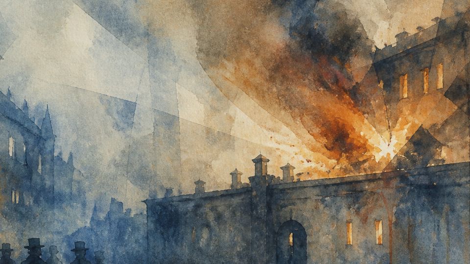 A building explodes amidst dark smoke and orange flames, depicted in watercolor with blues and.