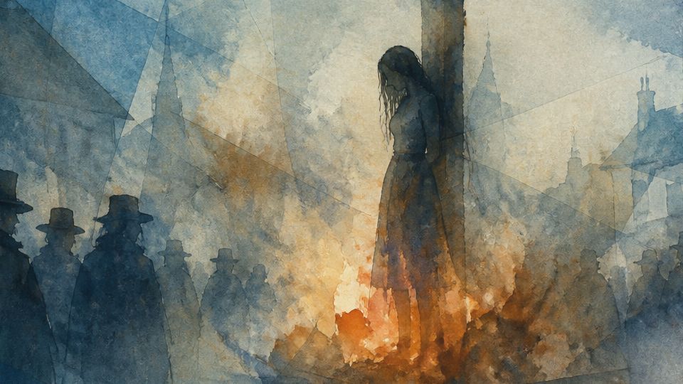 A figure stands before a crowd, engulfed in flames, depicted in muted blues and earthy tones.