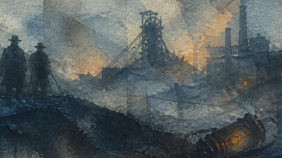 Two shadowy figures stand near a mine in dark blue and orange watercolor tones. In dark blue with.