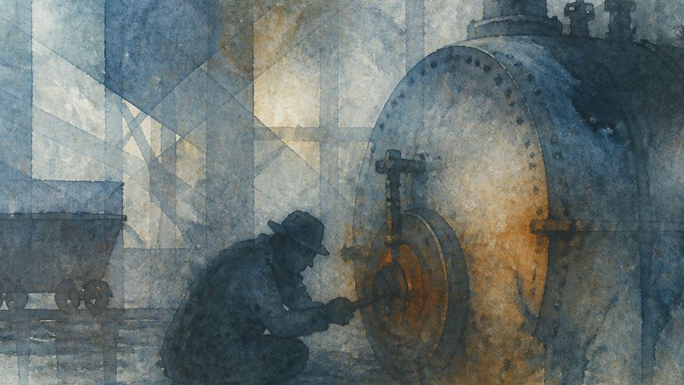 A worker repairs a large machine in warm tones of orange and blue, depicted in watercolor.