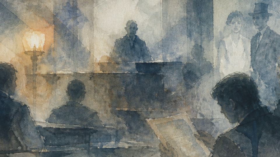 A gathering of people listening attentively in a dim setting, with soft watercolor blues and browns.