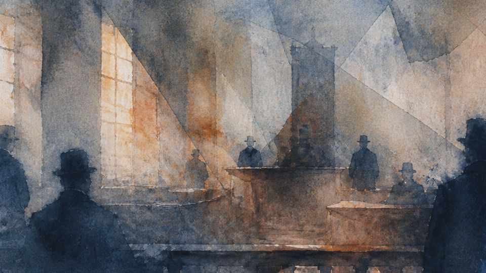 Silhouettes of individuals in a courtroom setting, depicted in muted blues and browns with.