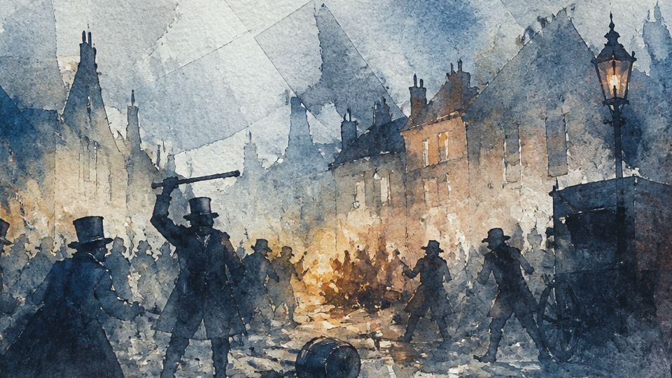 A chaotic scene of protestors with torches, rendered in watercolor with dark blues and warm hues.