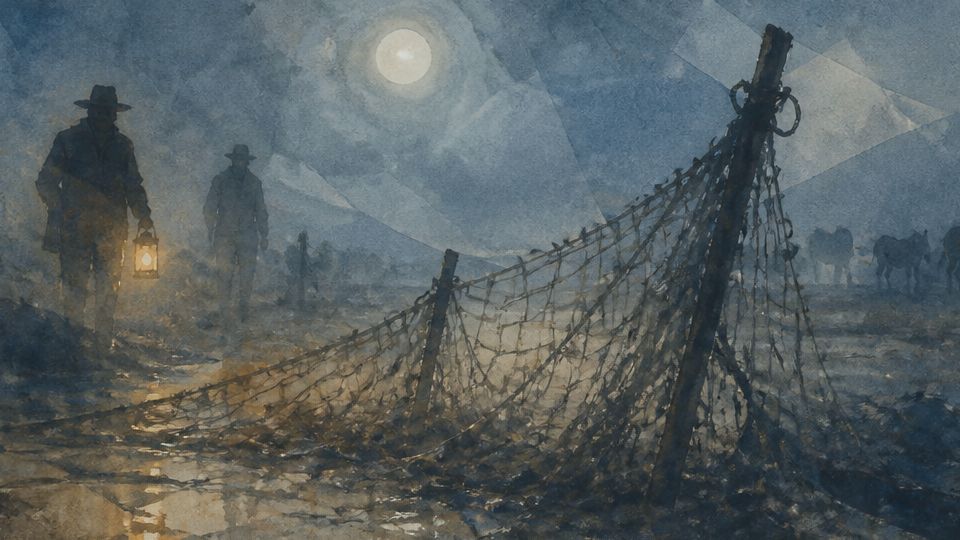 Two figures walk with a lantern near a fishing net in a misty landscape, watercolor in blue tones.
