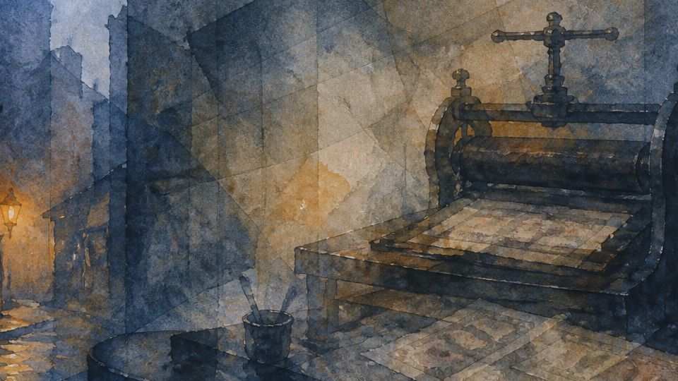 A vintage printing press sits amidst dark, moody hues of blue and orange in watercolor style.