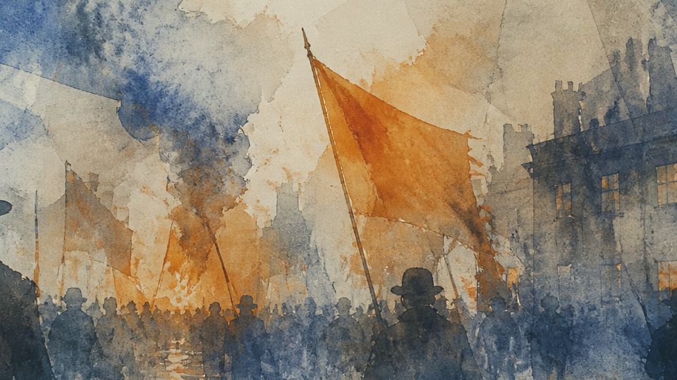A crowd of figures carries orange flags amidst smoky blue hues in a watercolor scene.