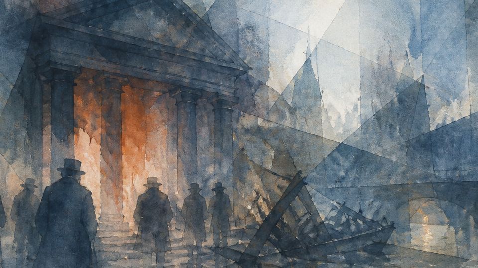 Silhouetted figures gather by a grand structure, illustrated in blue and orange watercolors.