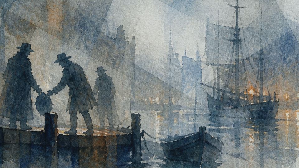 Two figures exchange a bag on a dock in soft watercolor tones of blue and orange.