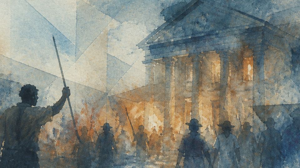 A gathering of figures with raised tools in front of a historic building, in soft blue and warm.