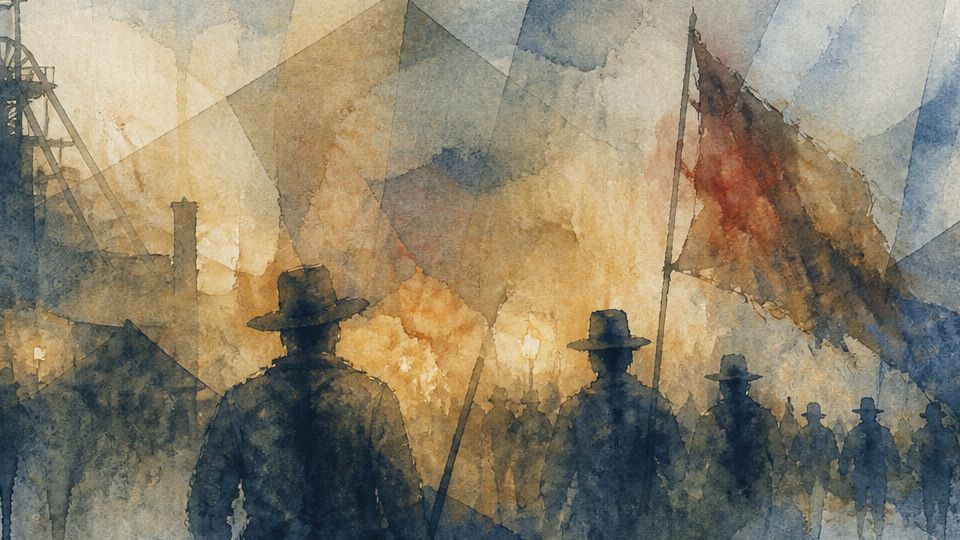 Silhouettes of figures march with a flag near a mining structure, in watercolors of blue and amber.