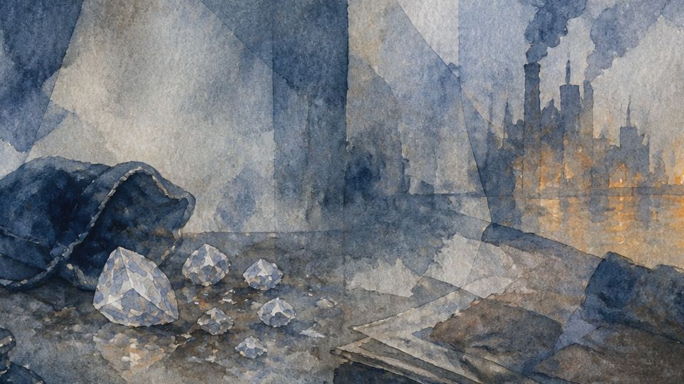 A sparkling diamond rests on a table draped with blue fabric, illustrated in watercolor hues of.
