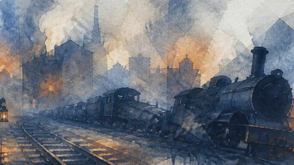 A man with a lantern stands near dark trains, with smoky orange and blue watercolor tones.