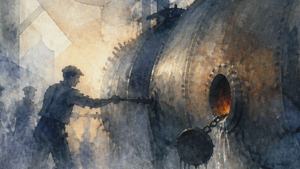 A worker operates a large boiler in a misty scene, depicted in watercolor with browns and blues.