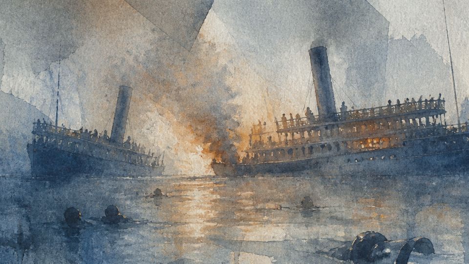 Two steamers collide in a smoky explosion, depicted in blue and orange watercolor hues.