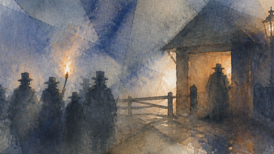 Silhouetted figures with torches gather by a tollgate, rendered in dark blue and orange watercolor.