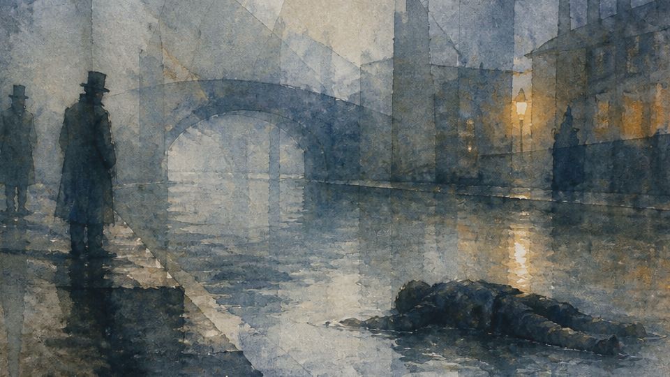 A figure lies by the water's edge under a misty bridge, depicted in deep blues and soft yellows.