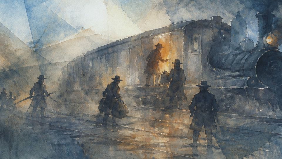 Robbers target a train in a dramatic scene, illustrated in blue and brown watercolors.