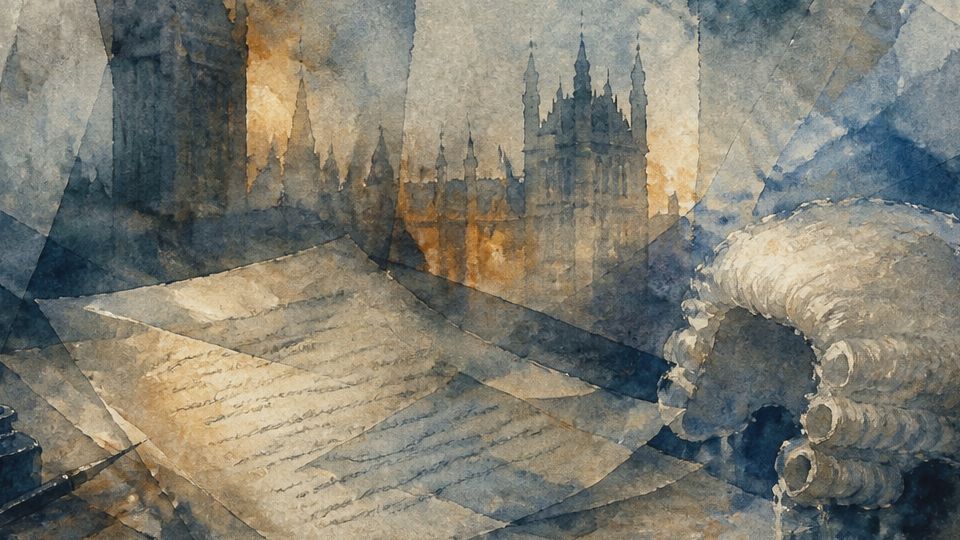 A quill and ink pot rest beside handwritten letters in a soft watercolor scene with blue and.