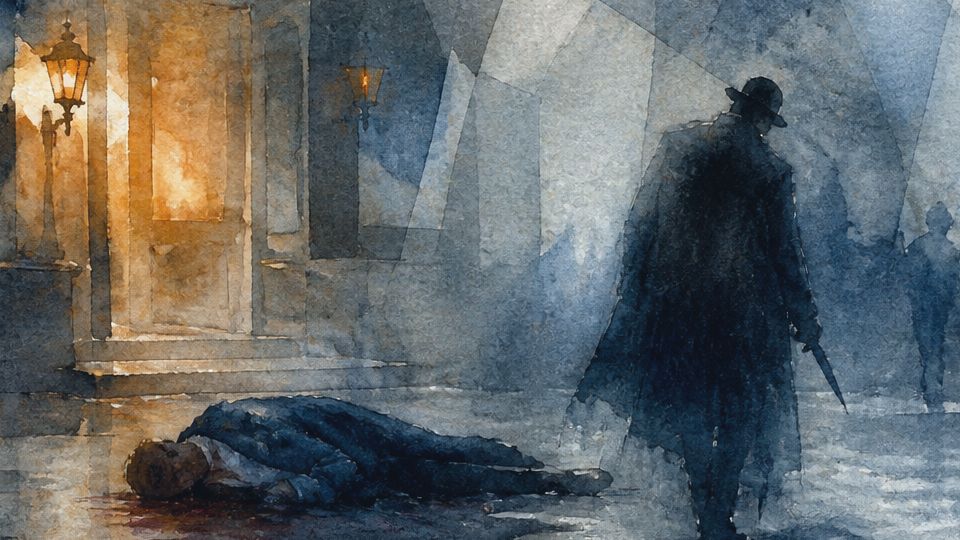 A shadowy figure stands over a lifeless body, illuminated by warm watercolor hues of orange and.