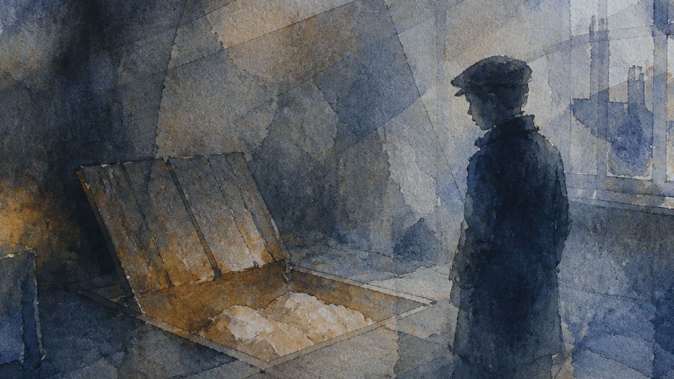 A somber figure stands by an open casket in muted blues and warm browns, painted in watercolor.