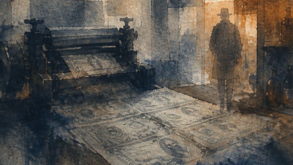 A shadowy figure stands near a printing press with counterfeit bills in dark watercolor tones.