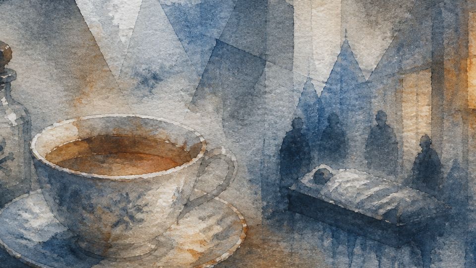 A teacup sits beside a poison bottle, with shadows of mourners and dark blues and browns in.