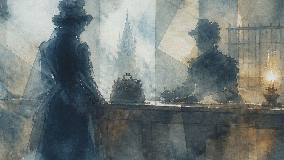 Two women in Victorian attire converse at a counter in soft blue and brown watercolor tones.