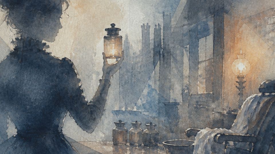 A woman in silhouette holds a lantern, with warm tones and cool blues in a watercolor setting.